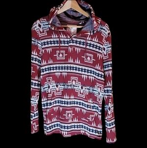 On The Byas Men's Tribal Print Long Sleeve Henley Hoodie Burgundy Blue, Small